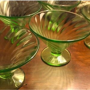 Pair of 2 Federal Diana, Green Swirl, Vaseline Glass, Sherbert Glasses